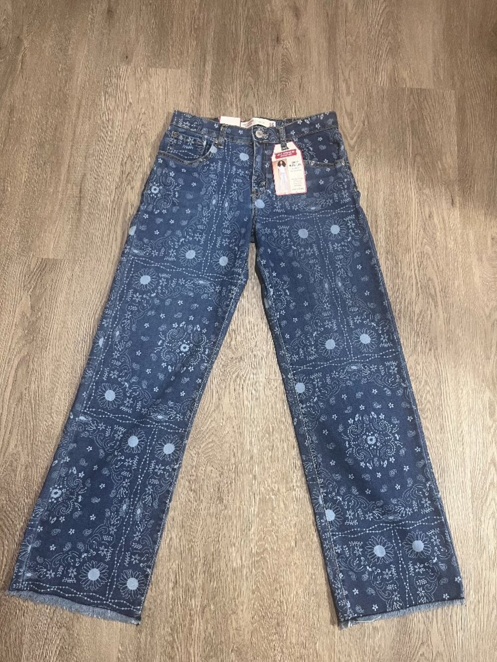 Levi’s Blue Bandana Print Wide Leg  Jeans with Raw Hem Girls 16 Ladies XS NWT